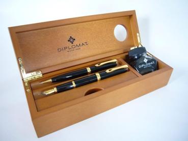 Preview: Diplomat Edelholzkassette Kirsche mit Tintenglas