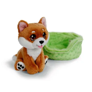 Preview: Nici Little Paws Hund Shiba Inu braun ca.12cm grünes Körbchen