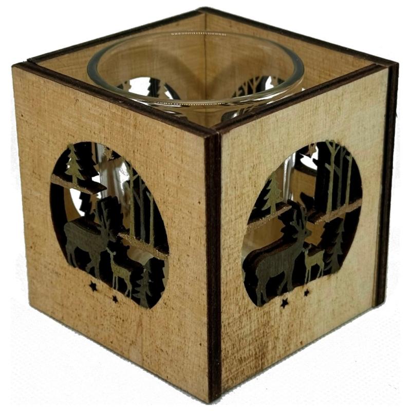 Goldbach Deko Windlicht aus Holz mit Ausstanzung und Glaseinsatz natur