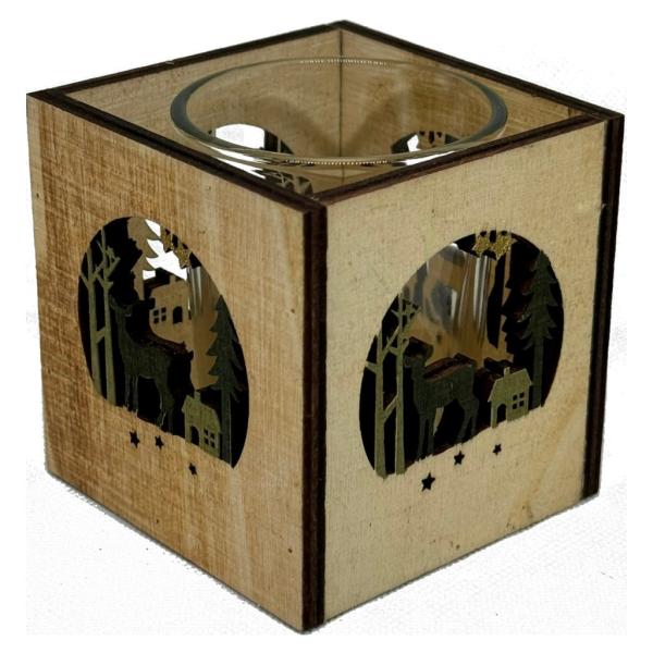 Goldbach Deko Windlicht aus Holz mit Ausstanzung und Glaseinsatz natur