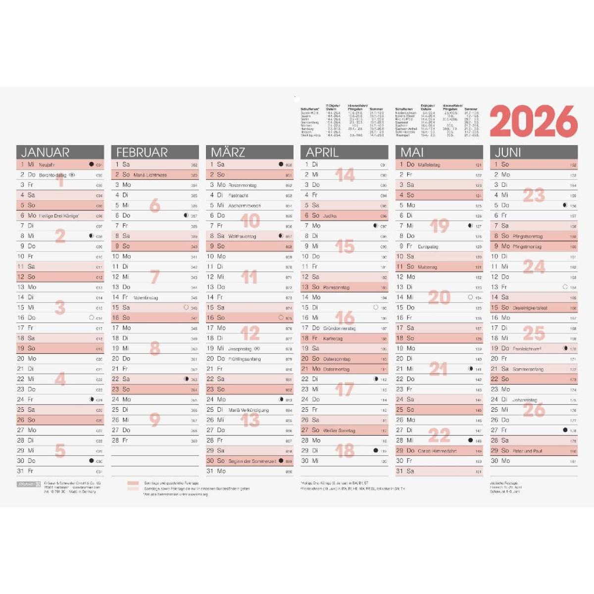 Brunnen Tafelkalender A3 1S/6M  2026