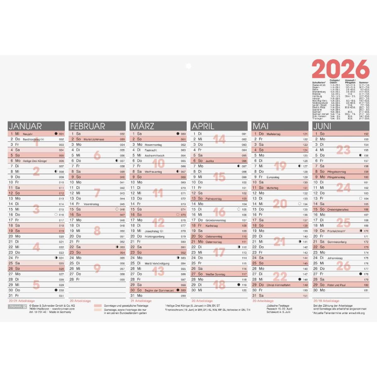 Brunnen Tafelkalender A4 1S/6M 2026
