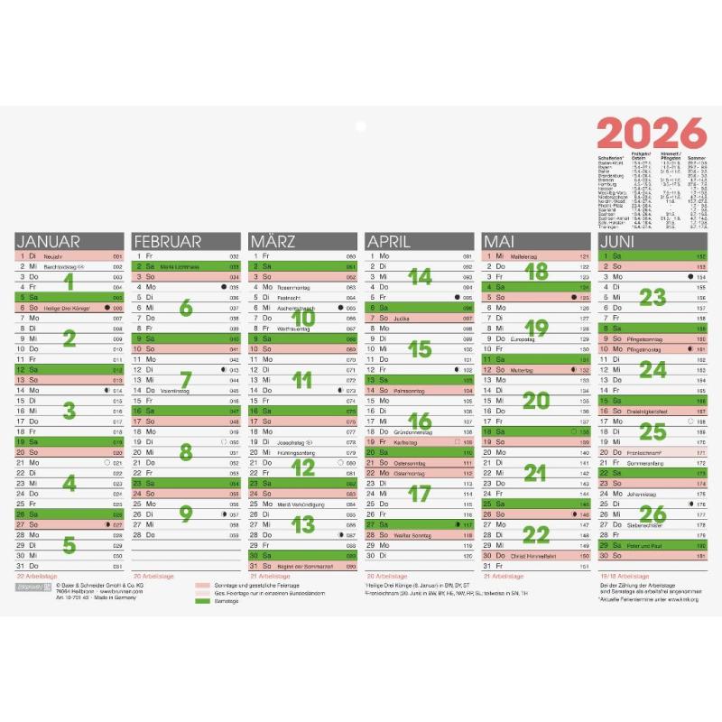 Brunnen Tafelkalender A4 Arbeitstage 2026