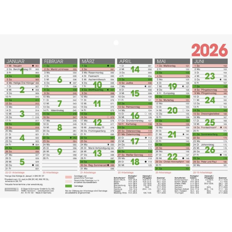 Brunnen Tafelkalender A5 1S/6M 2026