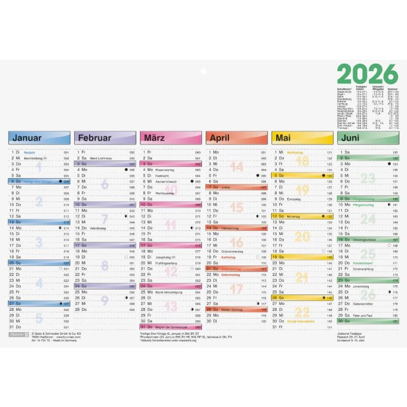Brunnen Tafelkalender A4 Dataline 1S/6M 2026