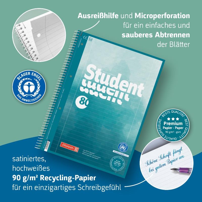 Brunnen Collegeblock A4 Student Premium Recycling 80 Blatt liniert Lineatur 27