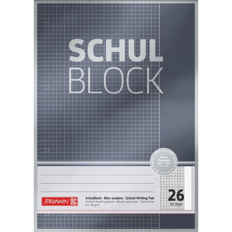 Brunnen Schulblock A4 Premium 50 Blatt kariert mit Rand Lineatur 26