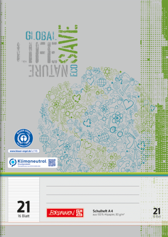 Brunnen Schulheft 16 Blatt Recycling A4 Lin. 21 - Blauer Engel