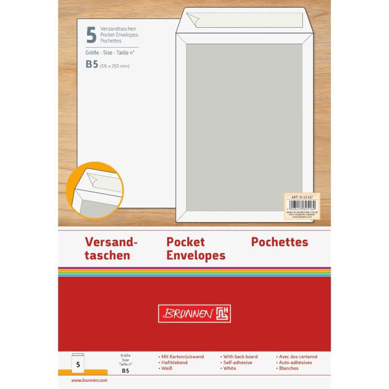 Brunnen 5 Stück Versandtasche B5 120g ohne Fenster mit Kartonrücken weiß