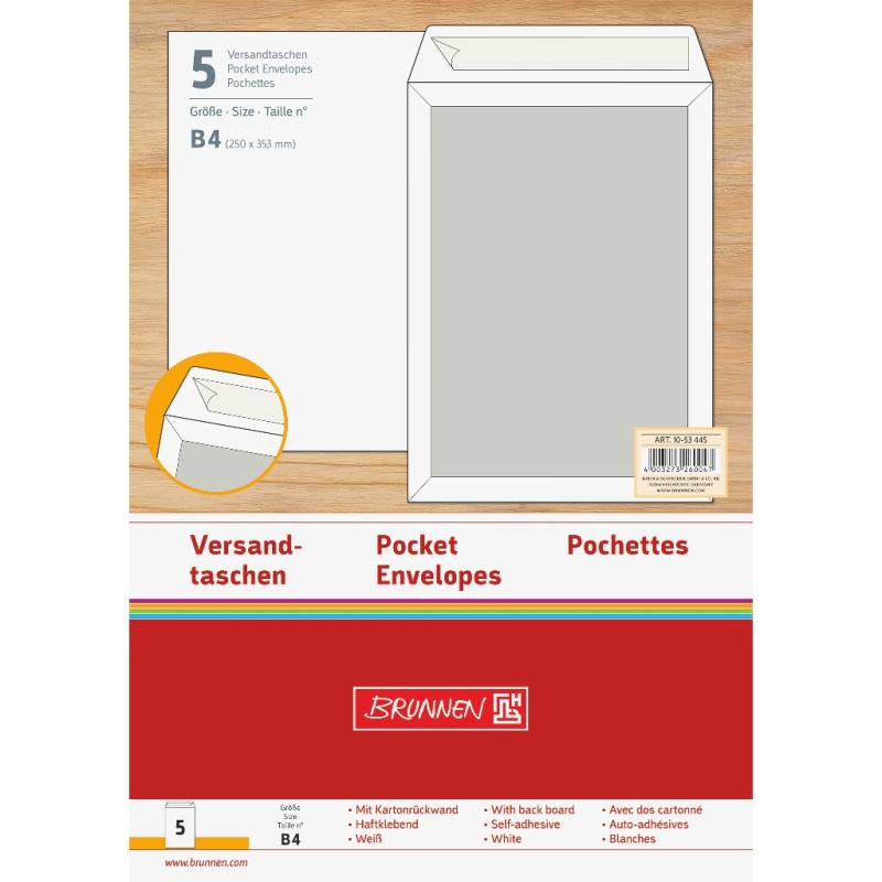 Brunnen 5 Stück Versandtasche B4 120g ohne Fenster mit Kartonrücken weiß