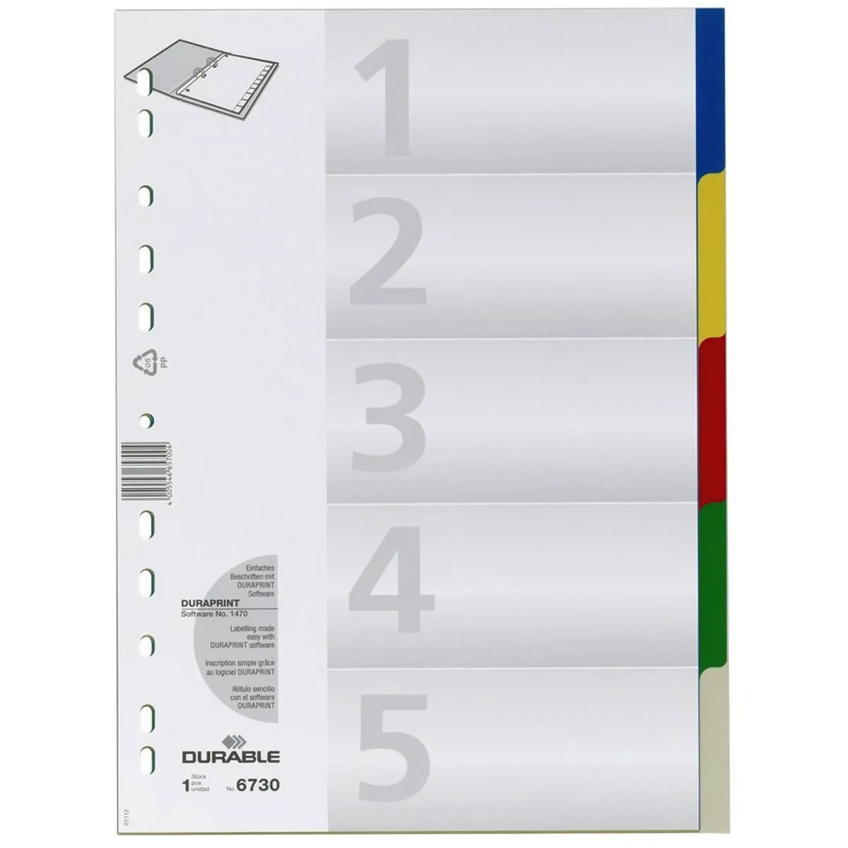 Durable Kunststoff-Register A4 PP 5-teilig blanko farbig