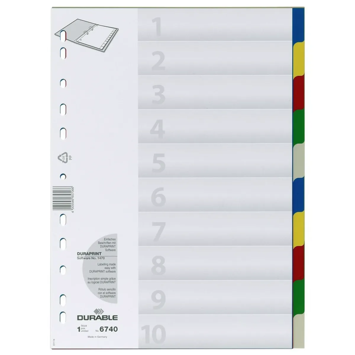 Durable Kunststoff-Register A4 PP 10-teilig blanko farbig