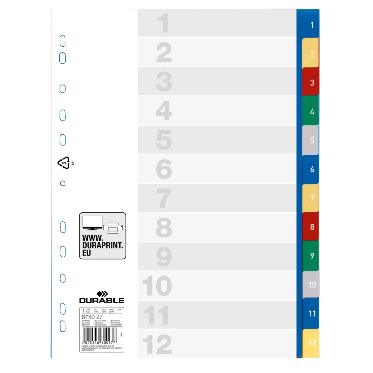 Durable Kunststoff-Register A4 PP 12-teilig 1-12 farbig