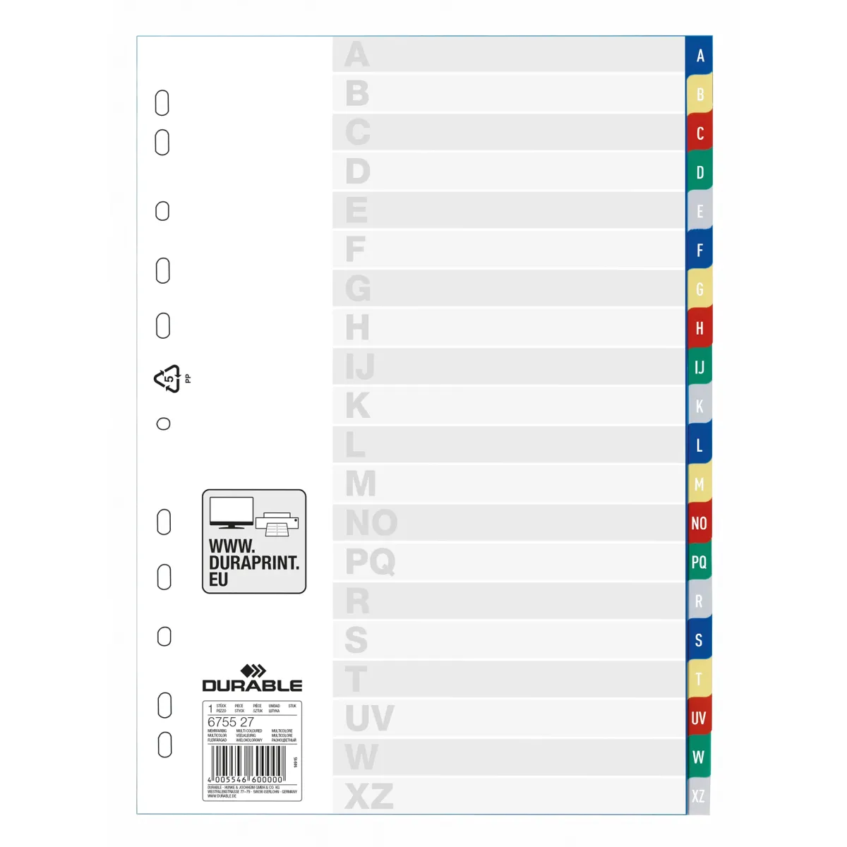 Durable Kunststoff-Register A4 PP 20-teilig A-Z farbig