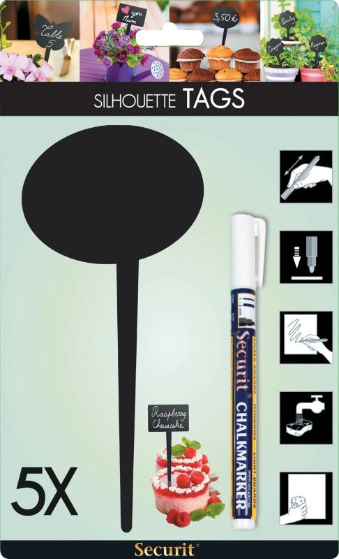 Securit Deko-Einsteckschild Oval Silhouette 5 Stück incl. Kreidemarker weiß
