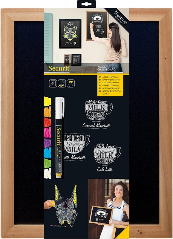 Securit Kreidetafel Woody teak ca. 30x40cm beids. beschriftbar incl. 2 Kreidemarker schwarz und gold
